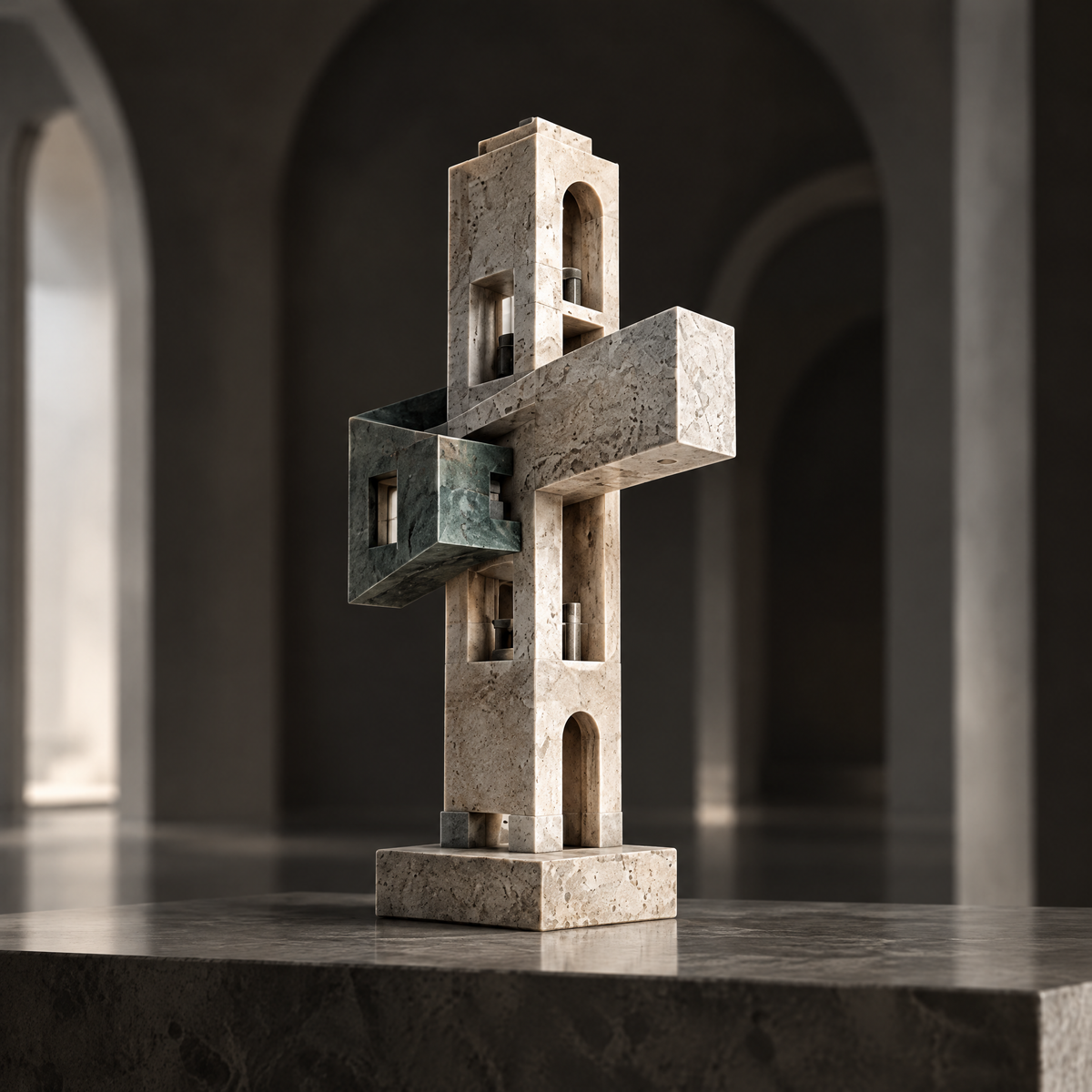 Cross-Form Two-Tone Stone Sculpture