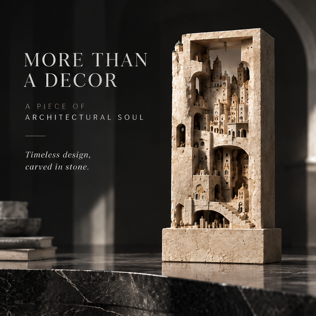Carved Stone City Tower Sculpture - Architectural Art Decor
