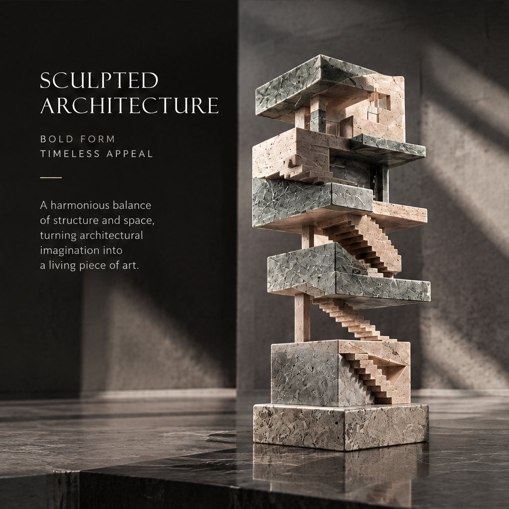 Zigzag Tower Two-Tone Marble Sculpture