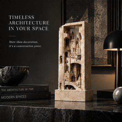Carved Stone City Tower Sculpture - Architectural Art Decor